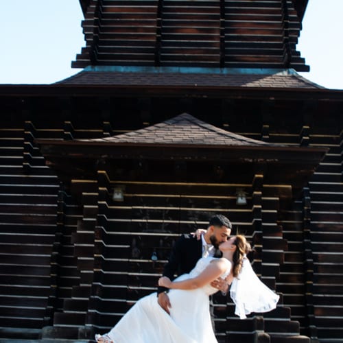 A wedding kiss at golden hour